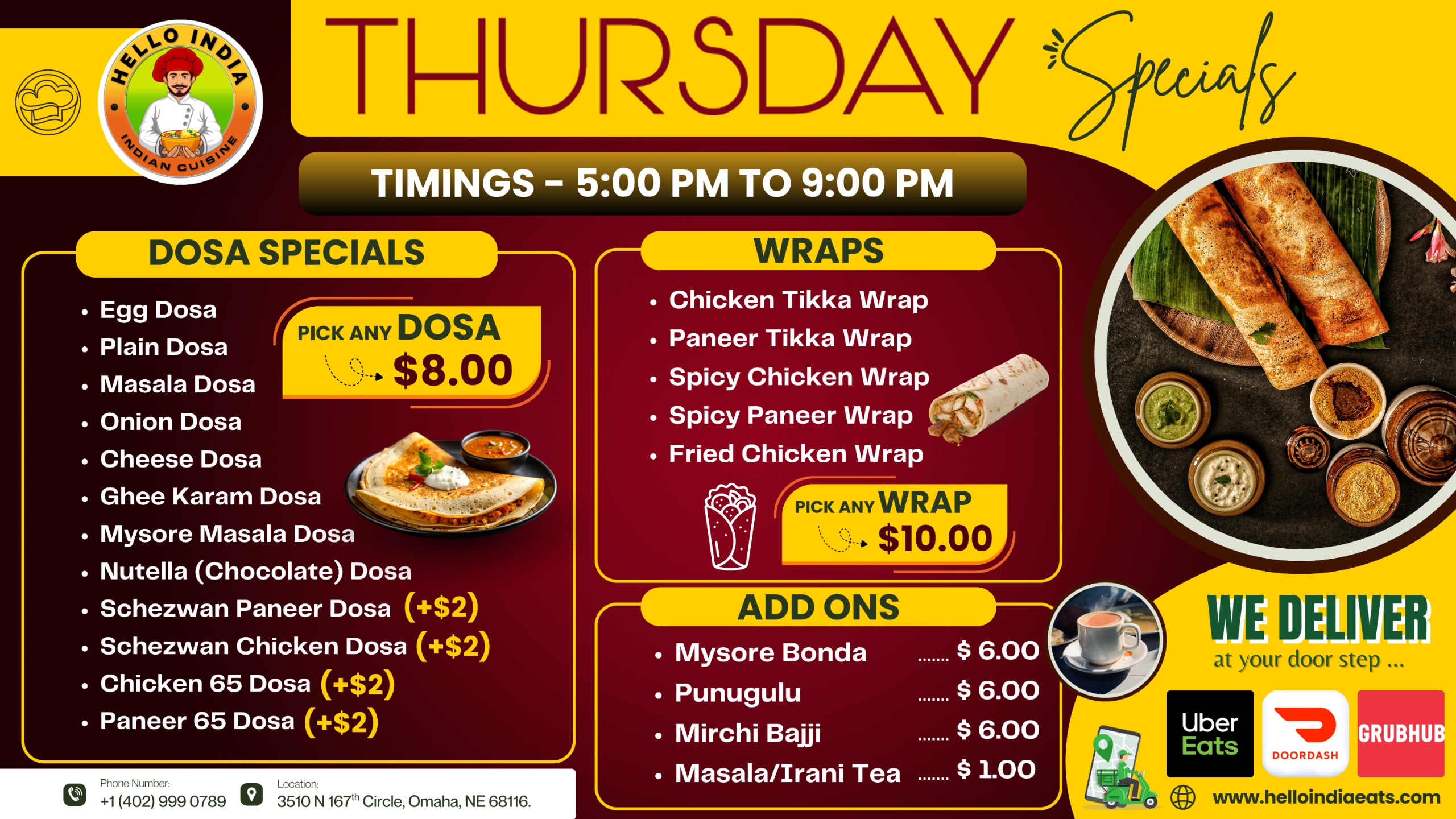 Thursday dosa specials at Hello India Restaurant Omaha